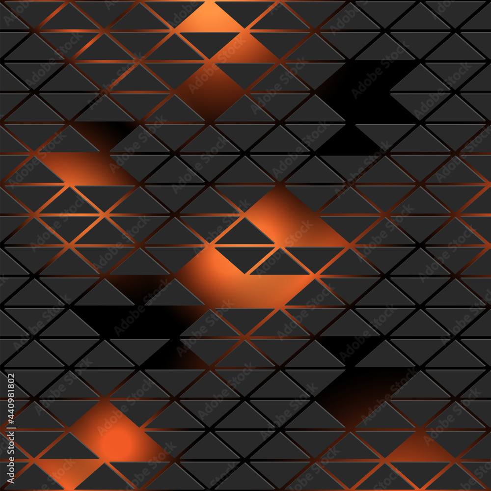 Wall mural futuristic neon pattern background with black triangles on orange, dark gradient