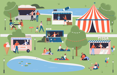 City food festival event in village, city park vector illustration. Cartoon summer map of market with family people have fun and walk, listening to music, buying pizza, ice cream and books background