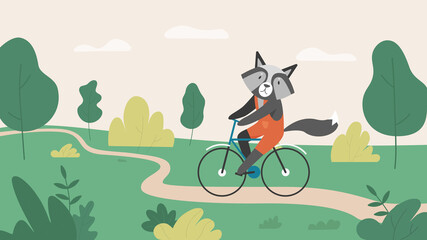 Animal raton laveur à vélo ou à vélo sur la route de campagne du village en illustration vectorielle de paysage vert d& 39 été. Dessin animé mignon personnage de raton laveur à vélo, voyageant sur fond de vacances d& 39 été