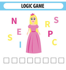 Worksheet for preschool kids.Words puzzle educational game for children. Place the letters in right order. Cute illustration of logic puzzle game for study English. Find the correct places	
