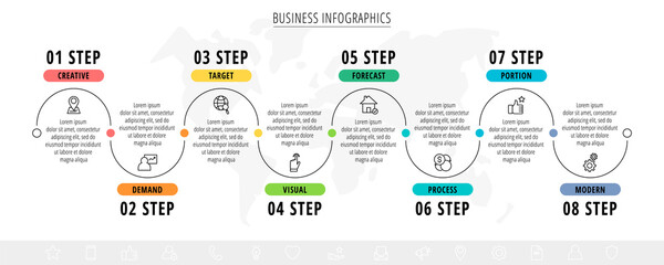 Line minimal infographics timeline with 8 steps. Chart process template. Modern vector for company or corporate business project and presentation