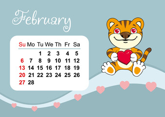 Wall calendar template for February 2022 in Englih. Year of the tiger to the Eastern Chinese calendar. Cute tiger in flat design. Week start in Sunday. In size A4 