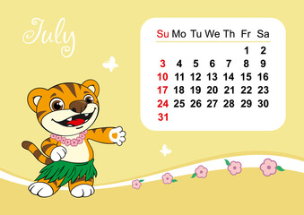 Wall calendar template for July 2022 in Englih. Year of the tiger to the Eastern Chinese calendar. Cute tiger in flat design. Week start in Sunday. In size A4 