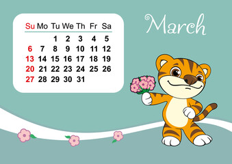 calendar for 2022 in Englih. Wall calendar template for March 2022. Year of the tiger to the Eastern Chinese calendar. Cute tiger in flat design. Week start in Sunday. In size A4 