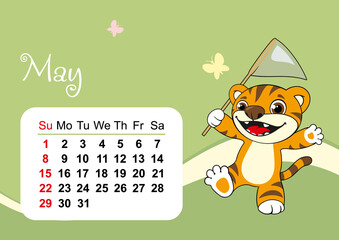Wall calendar template for May 2022 in Englih. Year of the tiger to the Eastern Chinese calendar. Cute tiger in flat design. Week start in Sunday. In size A4 