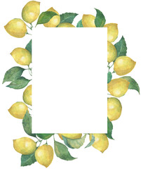 Watercolor rectangular frame with yellow lemons and green leaves. Save this date. The citrus border on white background
