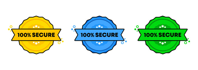 100 percent secure stamp set. Vector. 100 percent secure badge icon. Certified badge logo. Stamp Template. Label, Sticker, Icons. Vector EPS 10. Isolated on white background