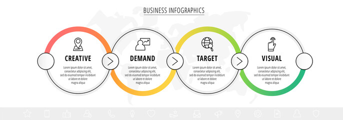 Business vector infographics with four line circles. Timeline visualization with 4 steps for diagram, flowchart, banner, presentations, web, content, levels, chart, graphic