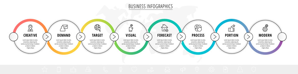 Business vector infographics with eight line circles. Timeline visualization with 8 steps for diagram, flowchart, banner, presentations, web, content, levels, chart, graphic