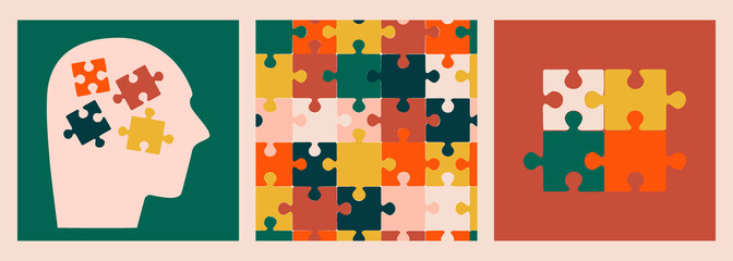 Set of multicolored vector illustrations and seamless patterns. Psychological help concept. Assembled and disassembled puzzles. Symbolizes resolution of problems.