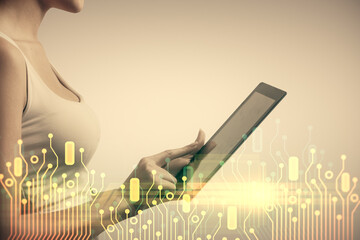 Double exposure of technology sketch hologram and woman holding and using a mobile device.