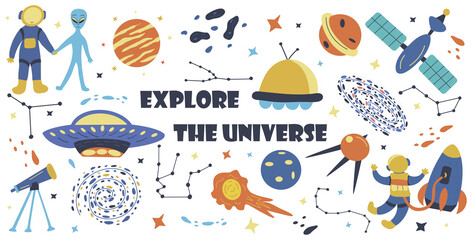 Set of elements explore the universe. Hand drawn vector colorful isolated illustration. Flying meteorite, artificial satellite, planet with stars, nebula, milky way, astronaut and alien, rocket © Ольга Е