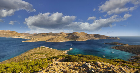 View of the north coast of the Greek island of Leros from the islet of Arcanghelos