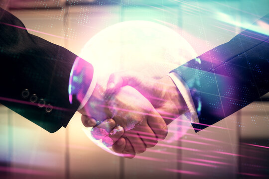 Double exposure of tech hologram and handshake of two men. Deal concept.
