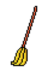 Fototapeta premium 2d 8 bit pixel art broom icon isolated on white background. Domestic cleaning tool symbol. Vintage retro 80s, 90s computer, video game, slot machine graphics. Sweeping equipment. Witch's besom.
