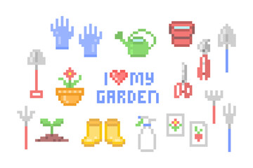 Obraz na płótnie Canvas Big set of pixel art gardening tool icons isolated on white. 8 bit gumboots, bucket, sprayer, watering can, seeds, secateurs, fork, gloves, shovel, scissors, trowel, flowerpot. I love my garden print.
