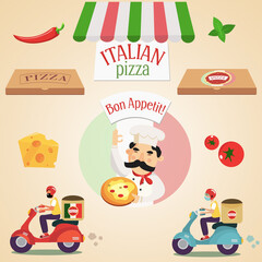 Large pizza set - chef, pizza, pizza box, pizza delivery by scooter, cheese, basil, tomatoes and red chili pepper.