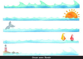 Ocean wave, lighthouse; Whale tail; sunset and sailboat watercolor border for decoration on coastal lifestyle and summer holiday concept.