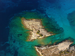 View from the drone of the rugged north coast of the Greek island of Lipsi in the Dodecanese archipelago