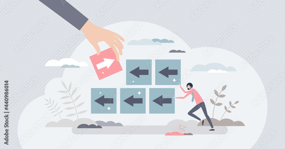 Poster disruption and competitive interruption to slow business tiny person concept. change forward movemen