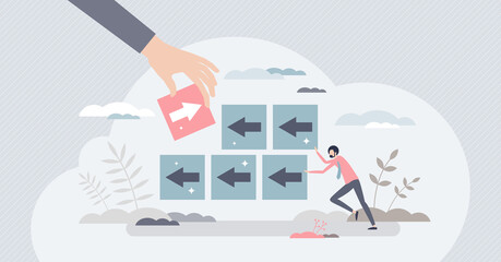 Disruption and competitive interruption to slow business tiny person concept. Change forward movement and make progress delay with difficulties vector illustration. Negative impact from rivals scene. - obrazy, fototapety, plakaty