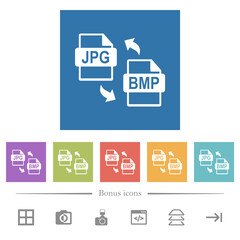 JPG BMP file conversion flat white icons in square backgrounds