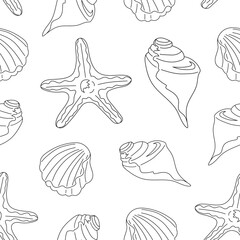 starfish and seashells outline. White background. Cartoon style wallpaper. Hand drawing. Vector illustration.