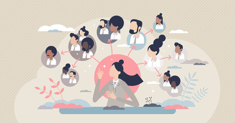 Delegation as effective task sharing or work optimization tiny person concept. Team leader strategy to split project responsibility to all company colleagues vector illustration. Productive approach. - obrazy, fototapety, plakaty