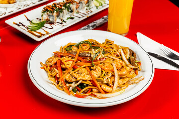 Delicious Yakisoba Japanese Food Menu Recipe Flavor On a Red Table