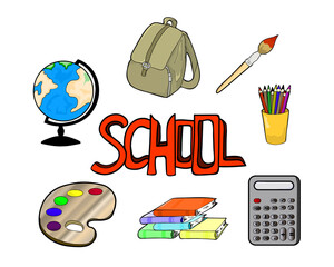 Lettering School and design school elements. Hand drawing. Vector illustration.