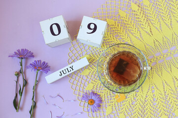 Calendar for July 9: cubes with the numbers 0 and 9, the name of the month of July in English , a...