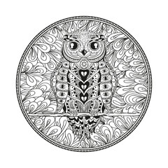 Mandala with owl. Zentangle. Hand drawn abstract patterns on isolation background. Design for spiritual relaxation for adults. Zendala. Outline for tattoo, printing on t-shirts, posters and other