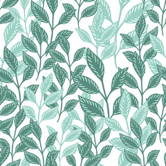 Botanic seamless pattern with blue isolated leaf foliage shapes. White background. Random branches artwork.