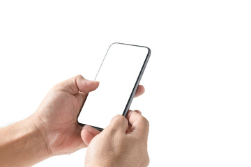 Man hand using smartphone with blank screen, isolated on white
