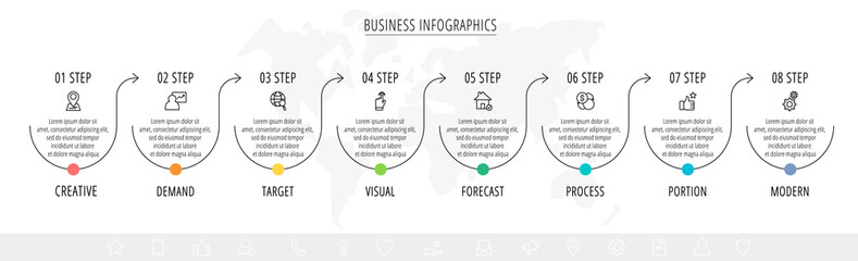 Vector minimal line infographics with arrows. Business concept 8 steps by step, options, labels. Flat template with eight ways for chart, diagram, flowchart, app, flowchart