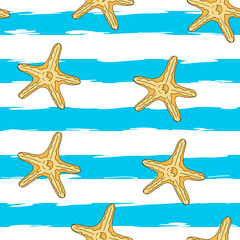 Fototapeta na wymiar Sea wallpaper. Vector illustration. Striped seamless pattern with horizontal line and starfish. Template for wallpaper, wrapping, textile, fabric.