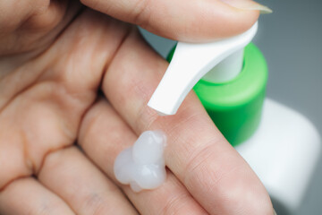 Hand soap close up. Cleaning and Disinfecting hands gel. Prevention flu and virus disease. Liquid soap.