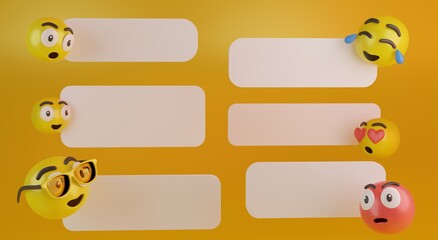 Emoji display various expressions 3d rendering on yellow background