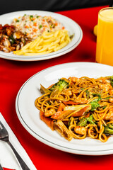 Delicious Yakisoba Japanese Food Menu Recipe Flavor On a Red Table