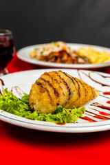 Delicious Sushi Temaki Hot Fried Tuna Salmon Fish Dish On a Red Table