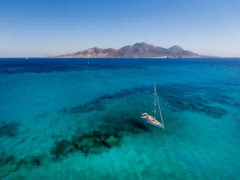 The Greek island of Nysiros seen from the nearby islet of Gyali in the Dodecanese archipelago