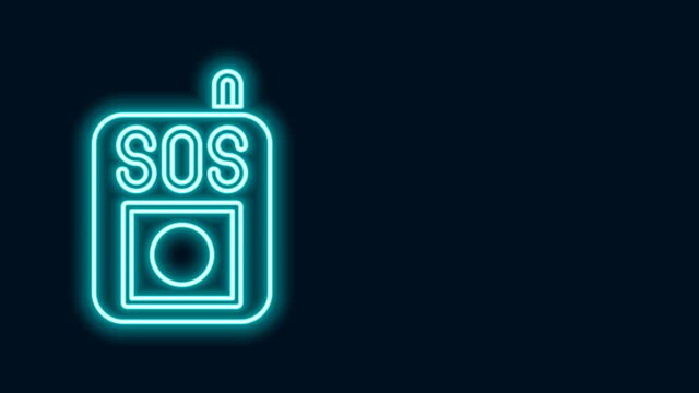 Glowing neon line Press the SOS button icon isolated on black background. 4K Video motion graphic animation