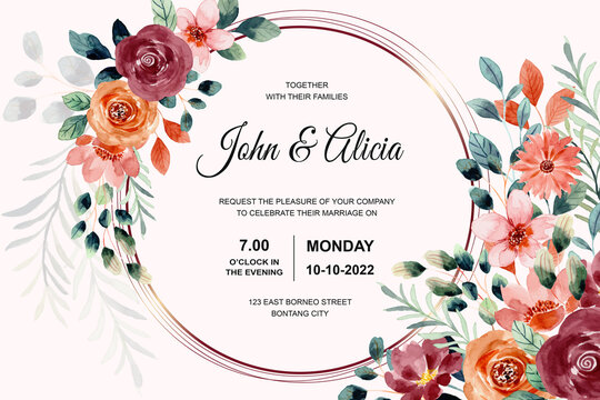 Wedding invitation card with watercolor flower