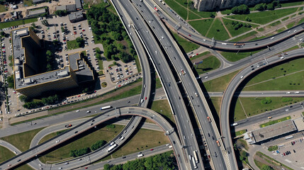 Aerial top view of bridge road automobile traffic of many cars, transportation concept