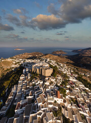 Aerial view of the chora with the monastery of San Giovanni on the Patmos Island (one of Dodecanese Islands in Aegean Sea  famous as the location where was written Bible's Book of Revel)