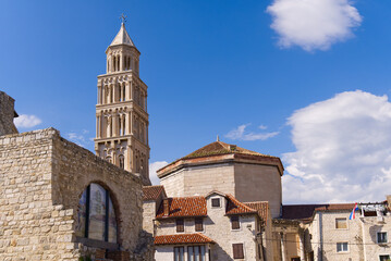 Cathedral of St. Duje bell tower in sunny day, Split, Croatia. Postcard.