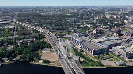 Aerial top view of bridge road automobile traffic of many cars, transportation concept