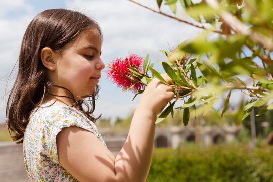 Close up portrait of little Caucasian child contemplating a flower in the open air. Space for text. 