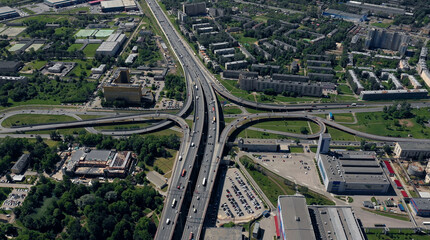 Aerial top view of bridge road automobile traffic of many cars, transportation concept