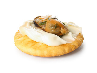 Tasty cracker with cheese and mussel on white background